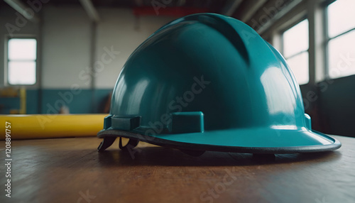 teal hard hat inside a building