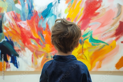 Young Boy Appreciating Abstract Art Painting in Gallery, Colorful Artwork on Display