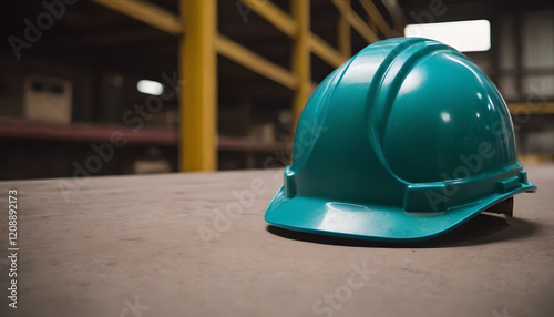 teal hard hat inside a building