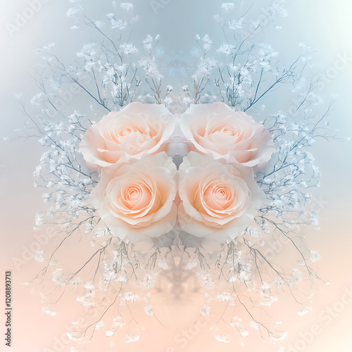 delicate, pastel-colored bouquet of roses and baby’s breath arranged in a symmetrical pattern 