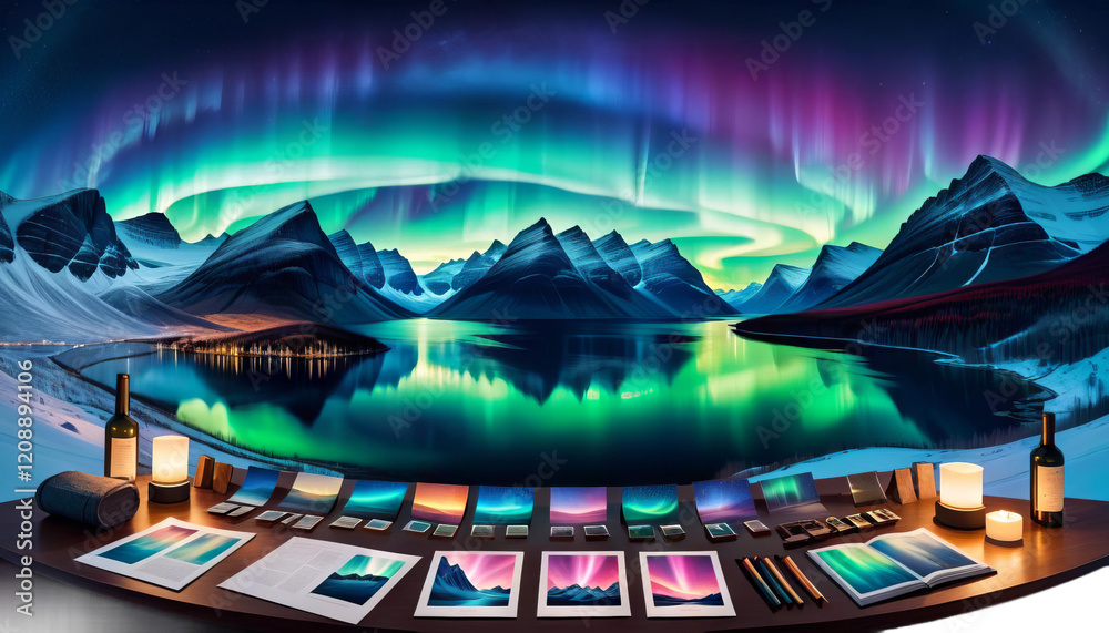 panorama lakes illustration lights mountains sky night starry northern background aurora borealis mountain lake water landscape north space