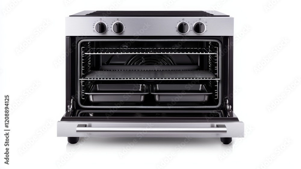 Fototapeta premium Modern kitchen oven with multiple racks and pans ready for baking and cooking delicious meals and treats.