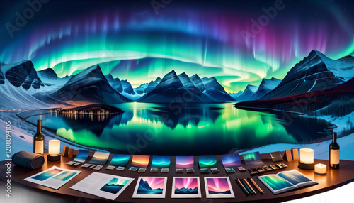 Obraz na płótnie panorama lakes illustration lights mountains sky night starry northern background aurora borealis mountain lake water landscape north space w salonie