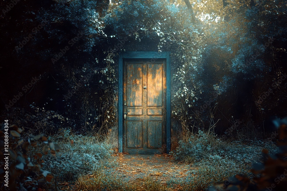 Fototapeta premium Mysterious Old Door Surrounded by Enchanted Forest Vibes with Soft Light and Lush Greenery, Inviting Exploration of Hidden Realms