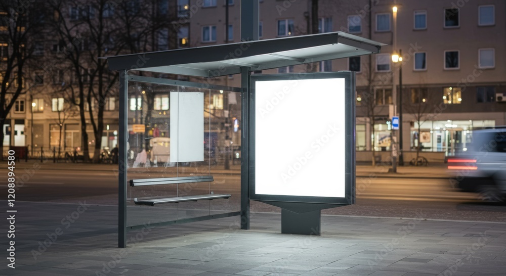 An empty bus stop with a blank billboard illuminated by surrounding city An empty bus stop with a blank billboard illuminated by surrounding city
