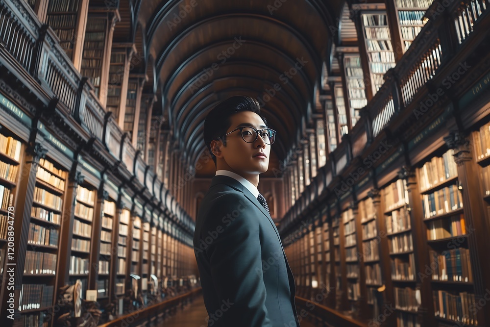 Fototapeta premium Confident Young Asian Man in Suit, Standing in a Grand Library Hall