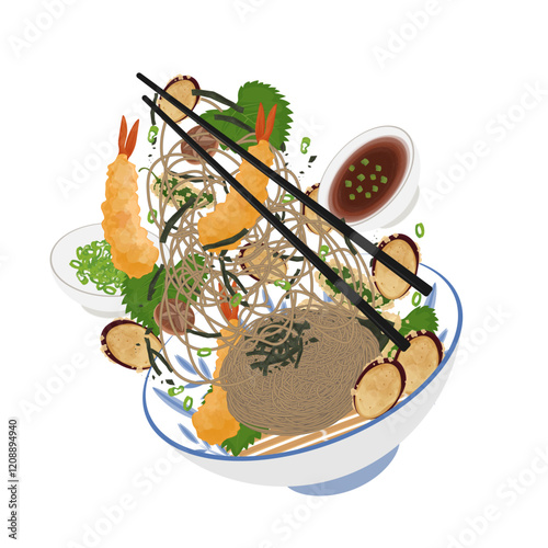 Vector Illustration Logo Clipart Levitation cold Noodles Tenzaru Soba with Kakiage and Tempura Shrimp 