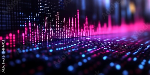 Abstract digital data visualization with glowing pink and blue light streaks.