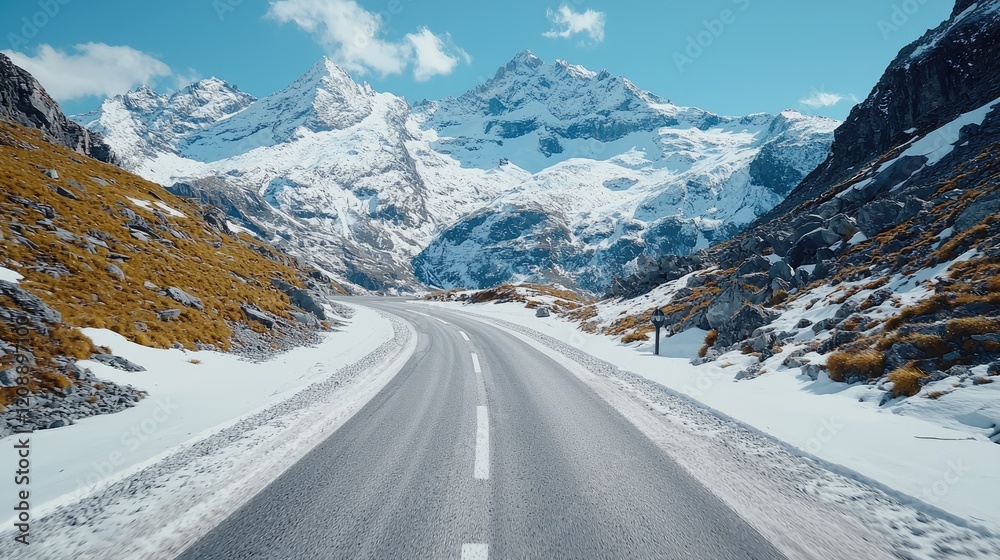 Fototapeta premium Scenic winter road trip, snowy mountains, adventure travel