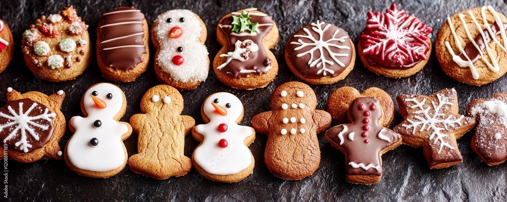 Festive Christmas Cookies Decorated with Frosting, Chocolate, and Colorful Sprinkles on Slate Surface for Holiday Celebrations and Culinary Inspirations Festive Christmas Cookies Decorated with Frosting, Chocolate, and Colorful Sprinkles on Slate Surface for Holiday Celebrations and Culinary Inspirations