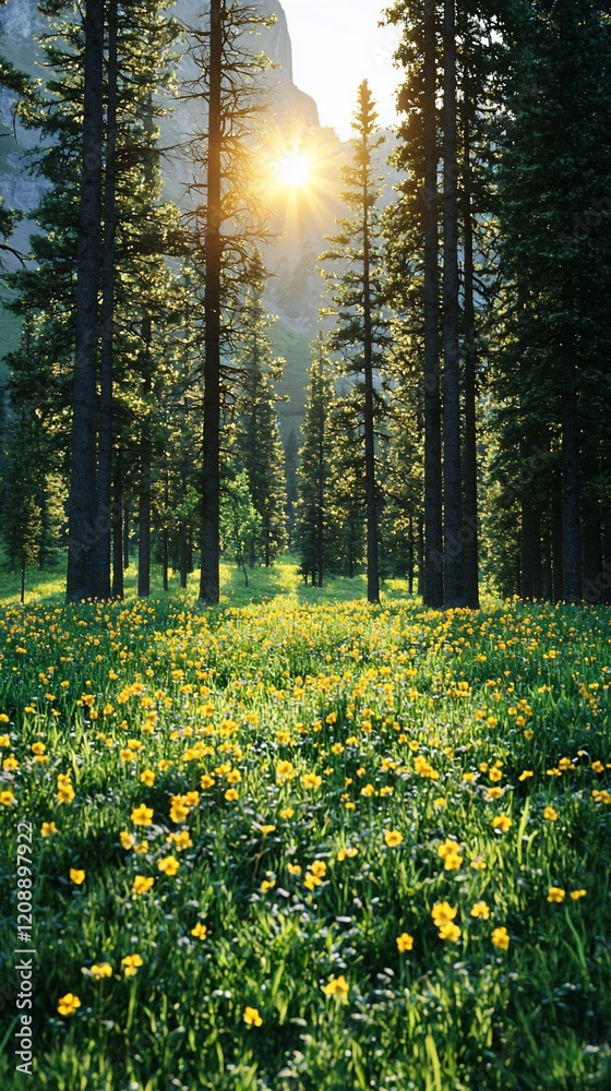 Obraz premium Sunlit forest path with wildflowers.