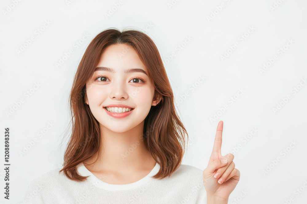 Bright and cheerful young asian woman smiling confidently while pointing upwards, set against a clean white background for emphasis. Bright and cheerful young asian woman smiling confidently while pointing upwards, set against a clean white background for emphasis.