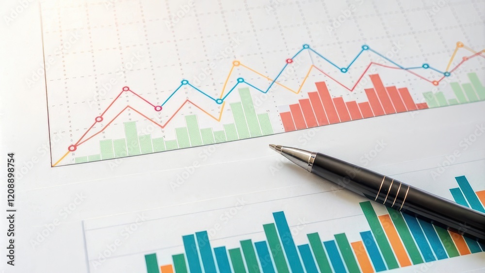 Financial concept, Business graphs and charts with a pen on a table Financial concept, Business graphs and charts with a pen on a table