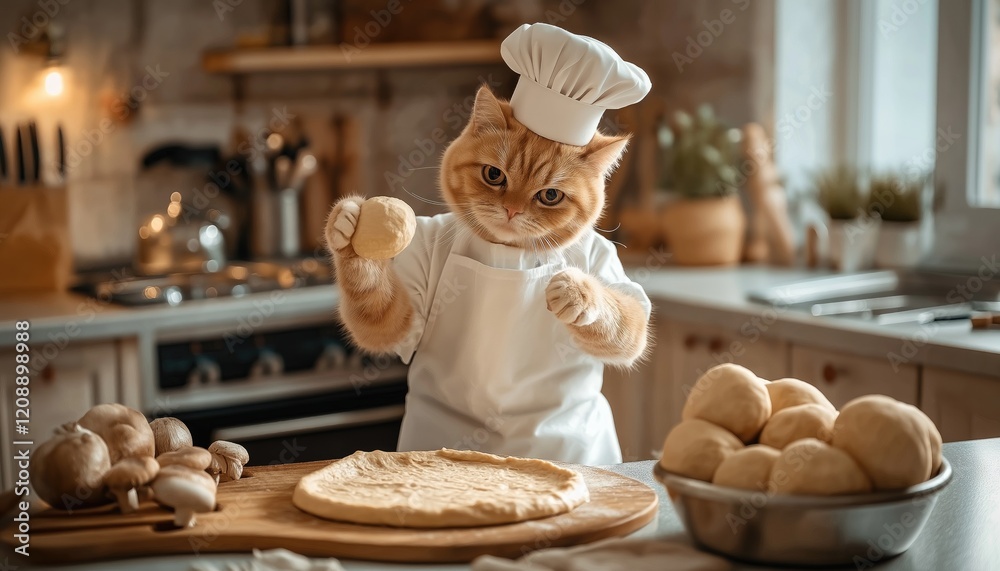 Cat Chef Preparing Dough in Kitchen with Cooking Utensils Cat Chef Preparing Dough in Kitchen with Cooking Utensils