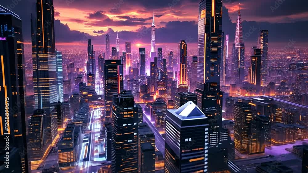 Neon Cityscape Sunset Futuristic Digital Art Wallpaper