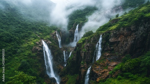 Majestic Multi-tiered Waterfalls Cascading Through Lush Green Mountains