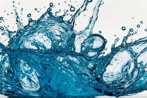 Blue Water Swirl Splash with Bubbles Photo Realistic Isolated PNG for Beverage Concepts