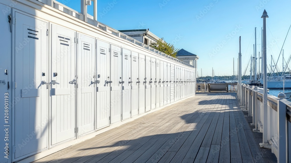 White wooden lockers or storage closets at yacht club on boardwalk near marina.