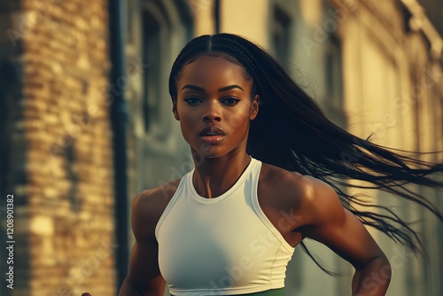 A young Black woman with long hair running in the street, wearing a white sports top and green leggings, in the early morning light photo