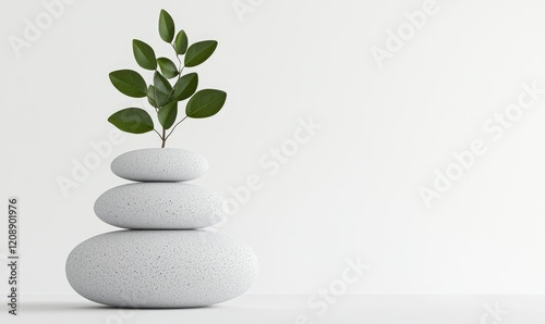 A serene arrangement of smooth stones topped with a vibrant green sprout.