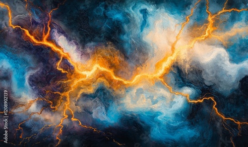 An abstract representation of lightning, with glowing electric tendrils branching out through a swirling storm cloud, creating an intricate pattern of energy and light  photo