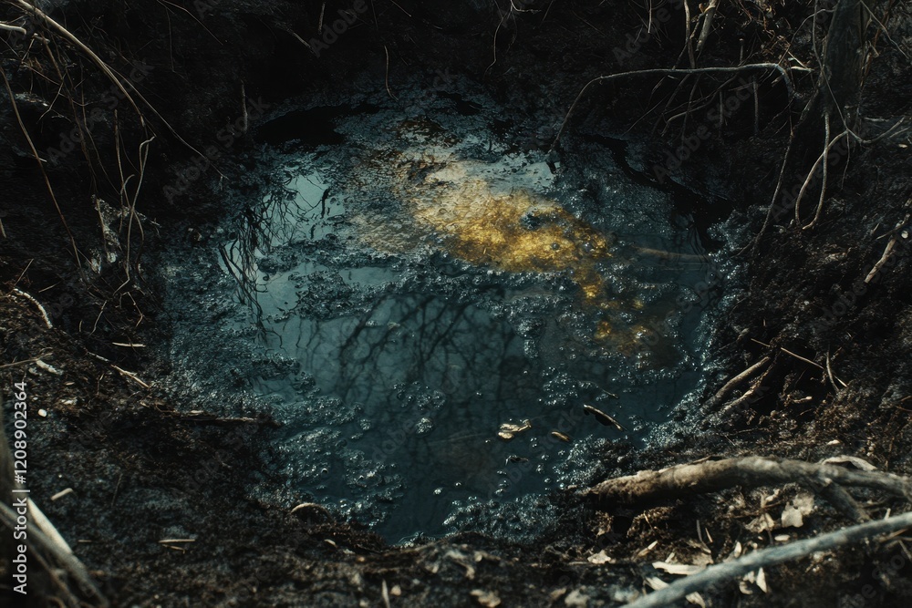 Dark, oily puddle in a forest clearing, tree roots visible around the edges. Illustrates environmental pollution, habitat destruction, or the impact of industrial accidents. Dark, oily puddle in a forest clearing, tree roots visible around the edges. Illustrates environmental pollution, habitat destruction, or the impact of industrial accidents.