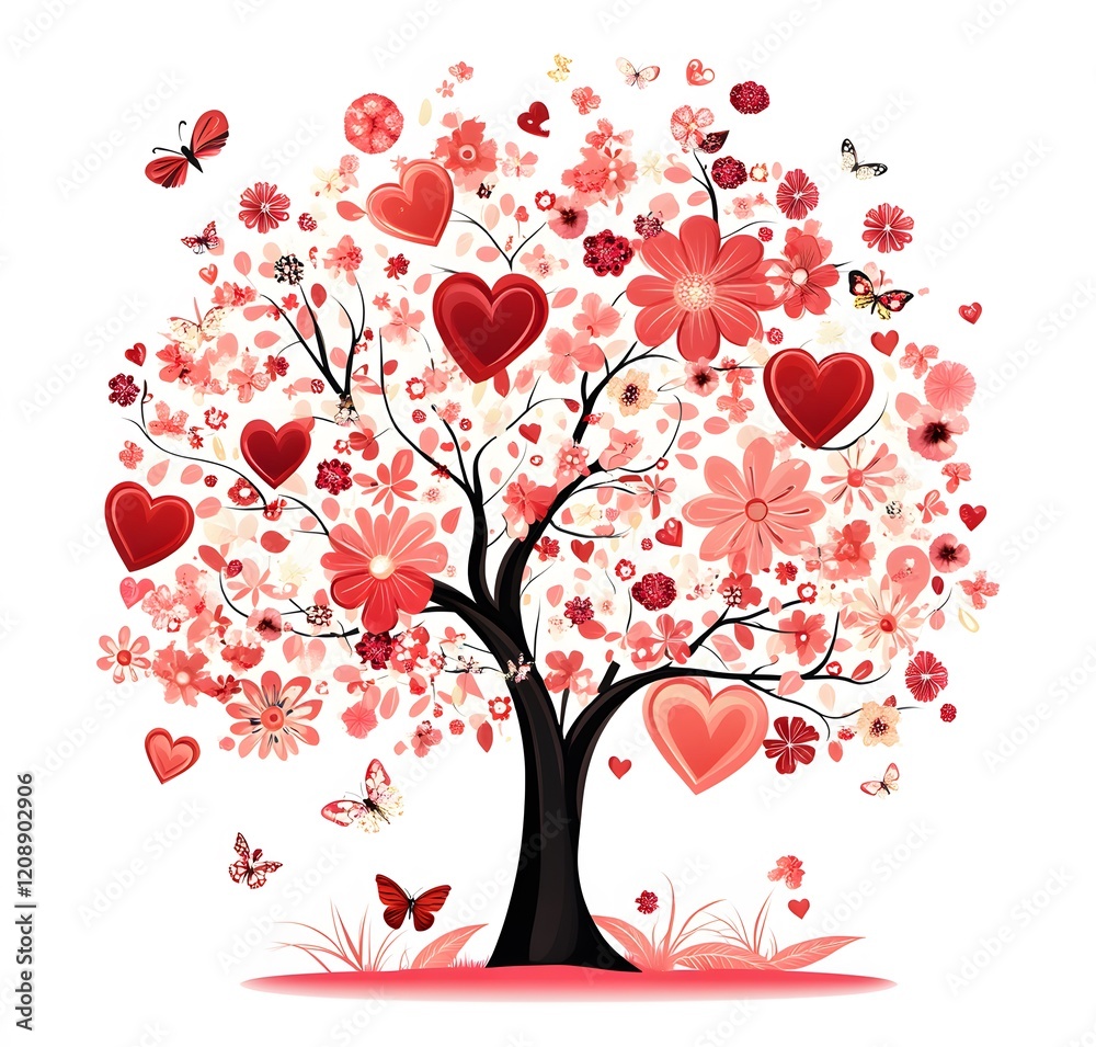 A blossoming love tree adorned with hearts and butterflies A blossoming love tree adorned with hearts and butterflies