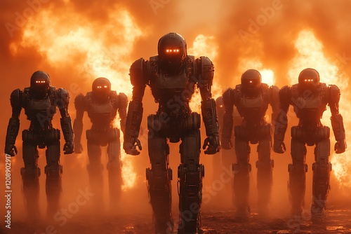 Robotic army marching through fire.