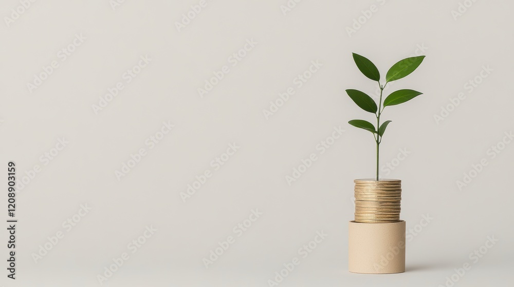 Green Plant Growing from Stacks of Coins Representing Wealth and Growth Green Plant Growing from Stacks of Coins Representing Wealth and Growth