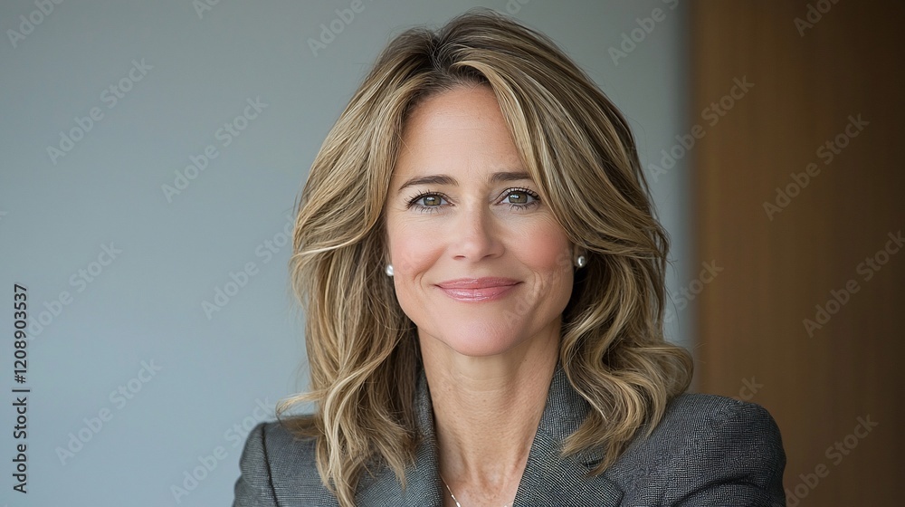 Naklejka premium Portrait of a smiling woman with shoulder-length blonde hair wearing a gray blazer.