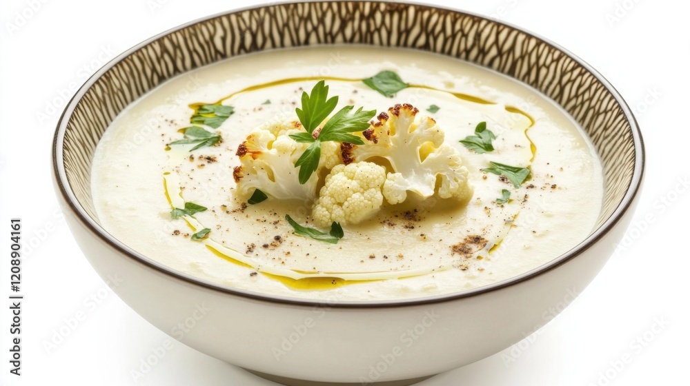 A bowl of creamy cauliflower soup garnished with roasted cauliflower florets and a drizzle of olive oil, Its rich aroma and velvety texture enticingly displayed A bowl of creamy cauliflower soup garnished with roasted cauliflower florets and a drizzle of olive oil, Its rich aroma and velvety texture enticingly displayed
