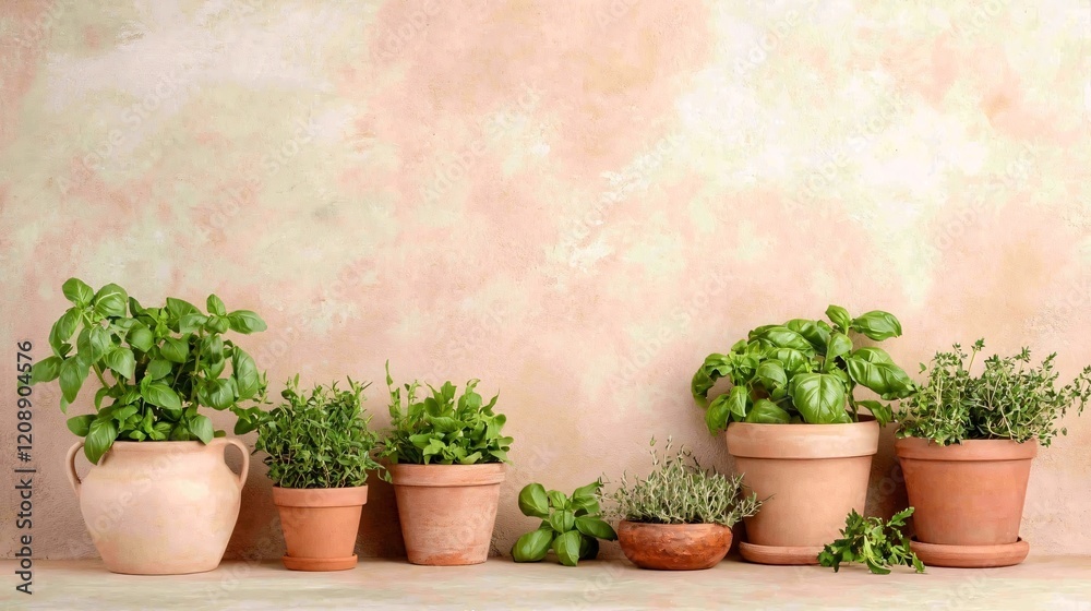 Assorted Herbs in Terracotta Pots Against a Textured Background. Assorted Herbs in Terracotta Pots Against a Textured Background.