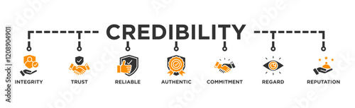 Credibility banner web icon illustration concept with icon of integrity, trust, reliable, authentic, commitment, regard, and reputation