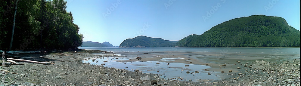 A serene landscape featuring a riverbank with exposed rocks, surrounded by lush greenery and hills under a clear blue sky.