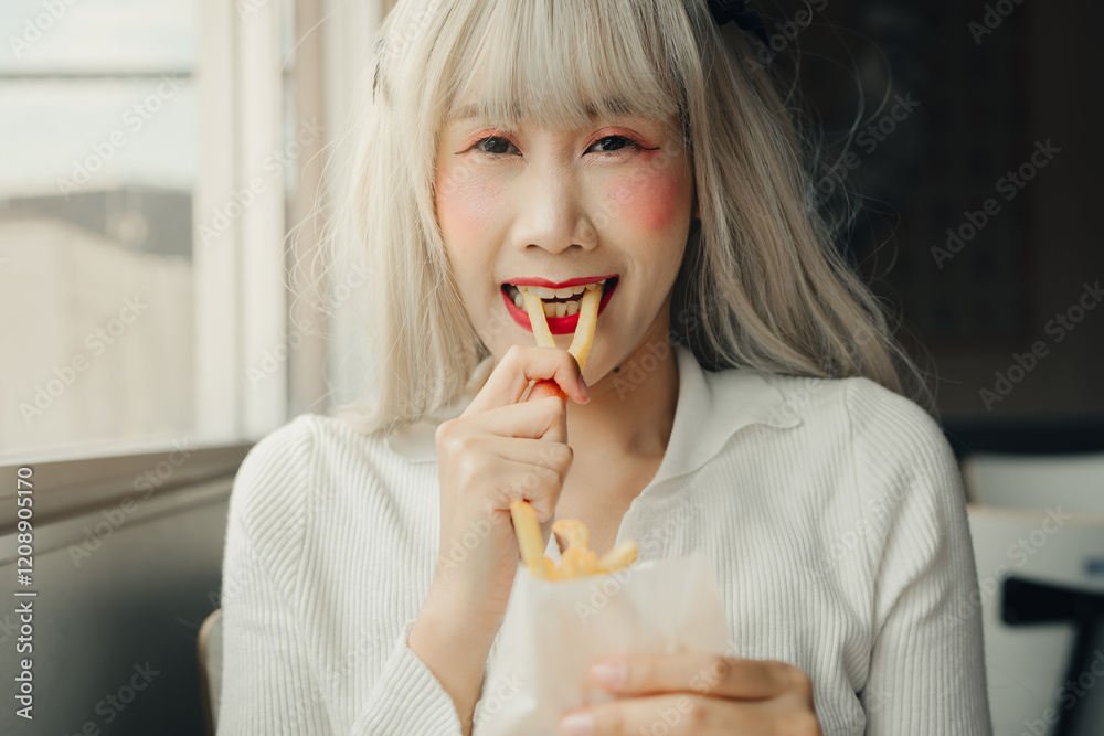 woman with long, light hair enjoys eating fries with playful expression woman with long, light hair enjoys eating fries with playful expression