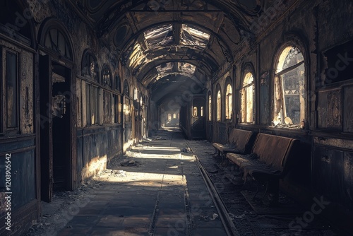 Abandoned train station interior slung derelict forsaken outcast