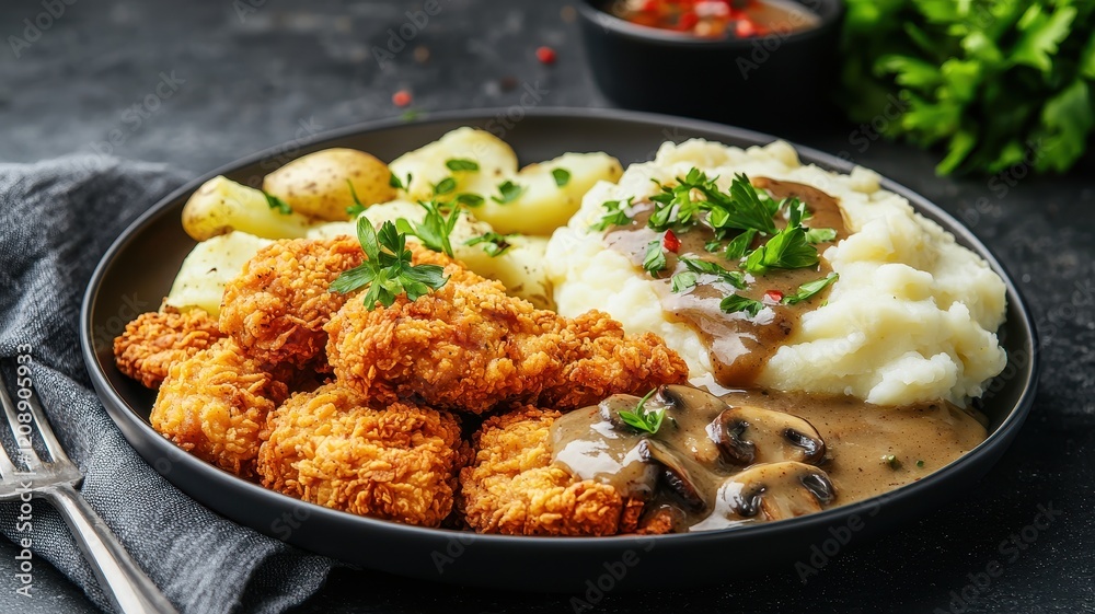 Plant-based alternative food Delicious fried chicken with mashed potatoes and gravy. Plant-based alternative food Delicious fried chicken with mashed potatoes and gravy.