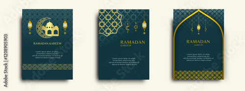 illustration of a ramadan eid with islamic pattern, lantern, moon, mosque, and arch with navy and gold color themed for card, poster, flyer, brochure, print business need 