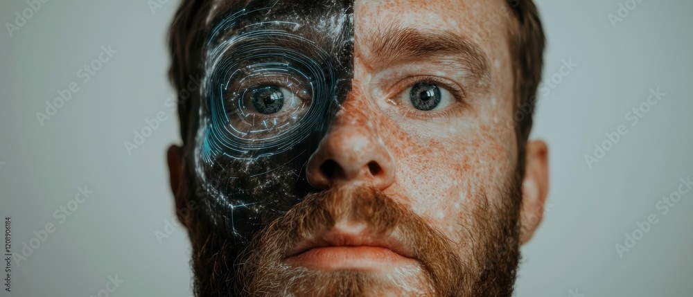 Obraz premium Futuristic Man Cyborg Face Technology Interface Digital Overlay Augmented Reality