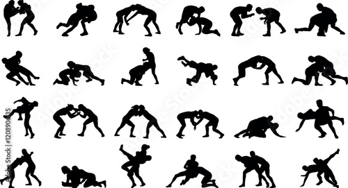 Set of male and female wrestling sport silhouette vector illustrations