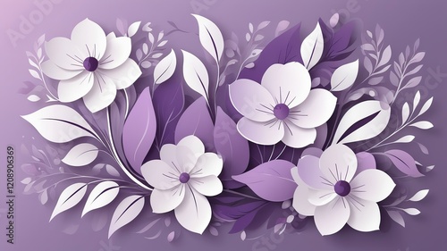 Abstract floral elements, flowing petals and leaves in soft purples and whites.