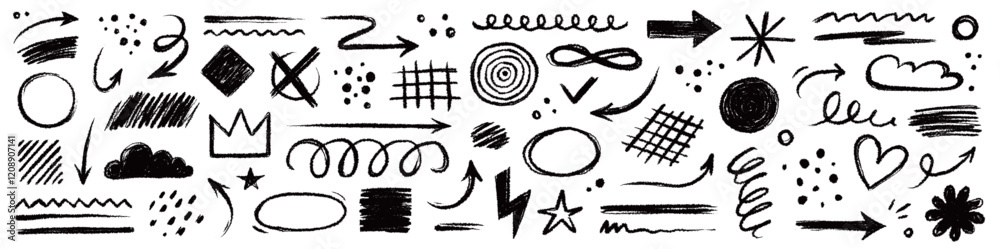 Arrow brush line chalk sketch texture brush vector set. Crayon marker scribble sketch stroke arrow element line brush hand drawn design. Texture abstract chalk, crayon style. Vector illustration