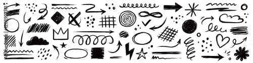 Arrow brush line chalk sketch texture brush vector set. Crayon marker scribble sketch stroke arrow element line brush hand drawn design. Texture abstract chalk, crayon style. Vector illustration