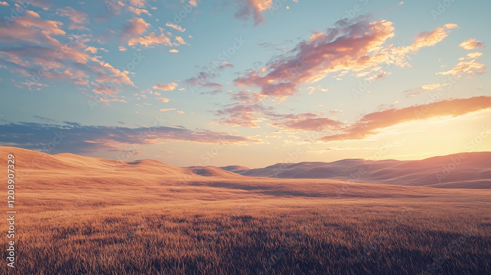 Fototapeta premium Serene sunset over rolling hills and golden grass.