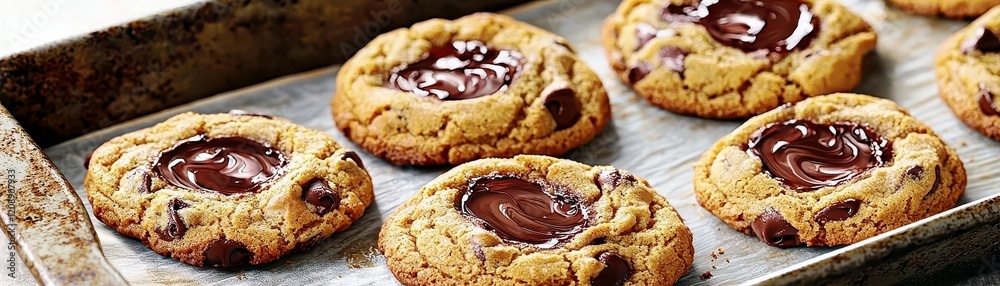 Freshly Baked Chocolate Cookies with Melted Chocolate Center on Rustic Baking Tray Freshly Baked Chocolate Cookies with Melted Chocolate Center on Rustic Baking Tray