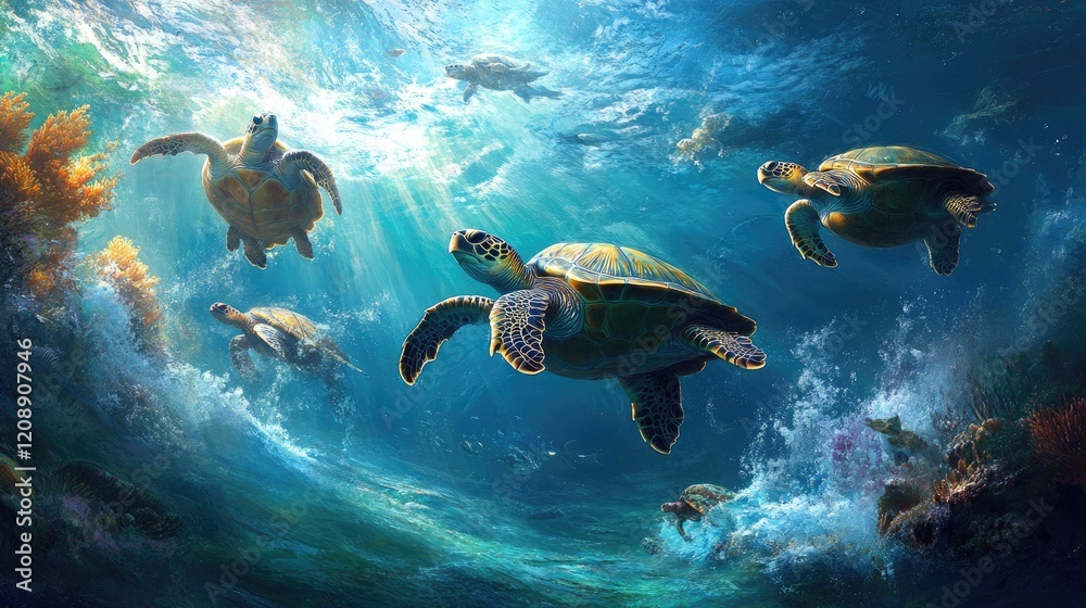Fototapeta premium Ocean Turtles Gracefully Swim, Dive Deep
