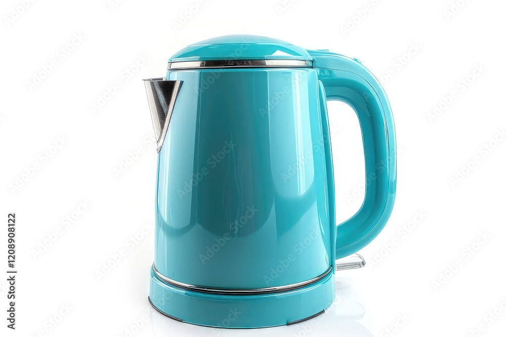 A shiny turquoise electric kettle designed for boiling water. isolated on white background A shiny turquoise electric kettle designed for boiling water. isolated on white background