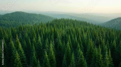 Climate Change Environmental Policy Sustainability concept. Enchanting Evergreen Forest Bathed in Mystical Glow