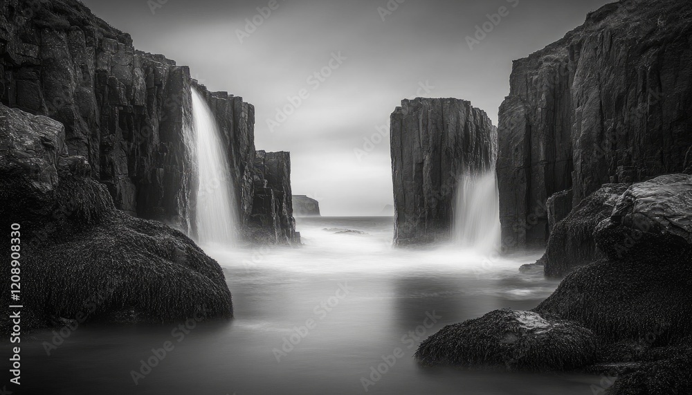 Fototapeta premium Waterfalls Cascade Down Cliffs, Ocean Scene