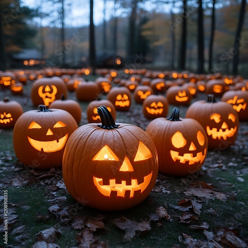 Lit jack-o'-lanterns in autumn forest. photo